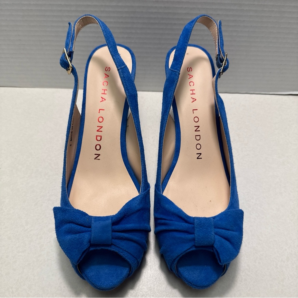 Sacha London Blue Suede Leather Peep Toe Slingback Heels Bow Size 8 Evening